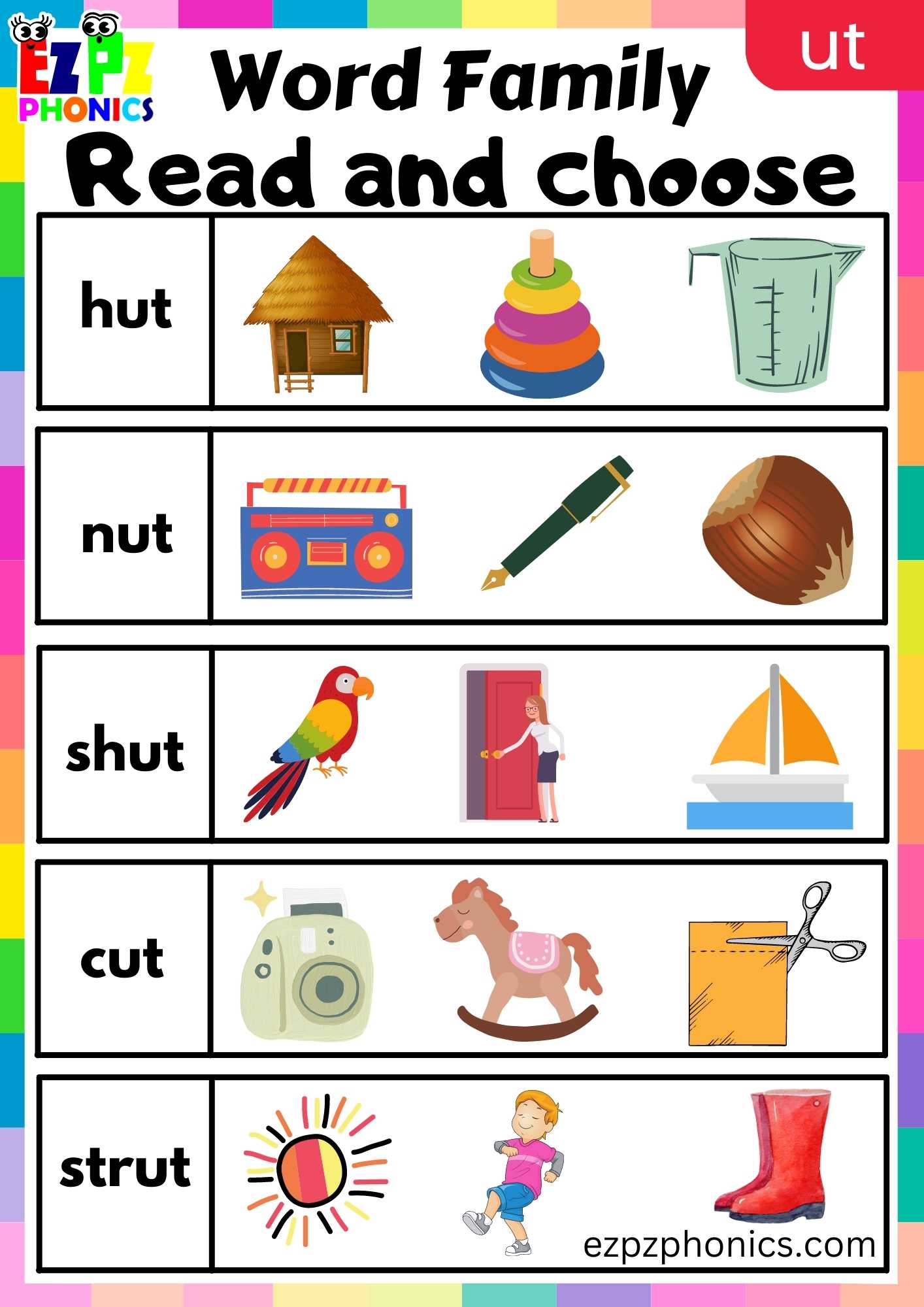 UT Words Read And Choose Phonics Word Families Worksheet